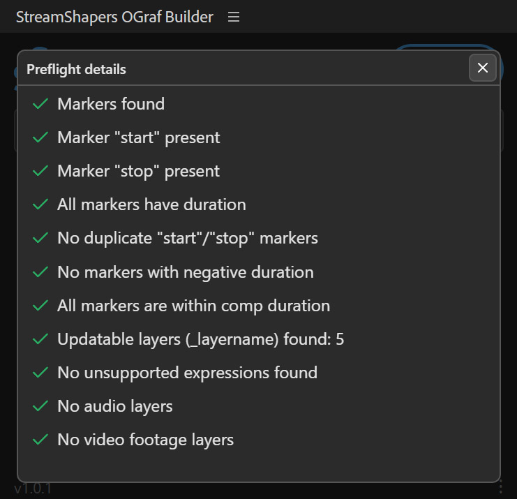 Preflight Check panel listing the issues found in the comp