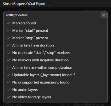 Preflight Check panel listing the issues found in the comp