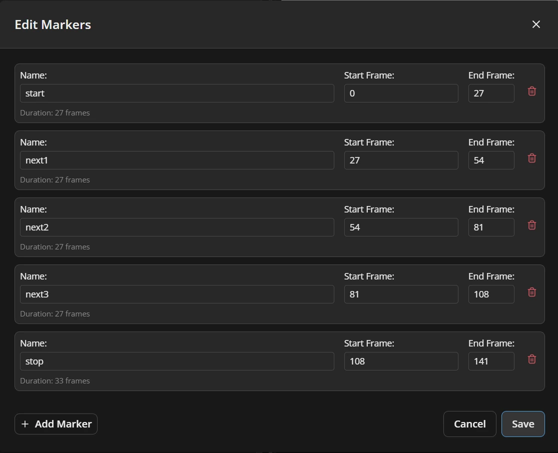 Marker editor with start, next and stop steps and their frame ranges.
