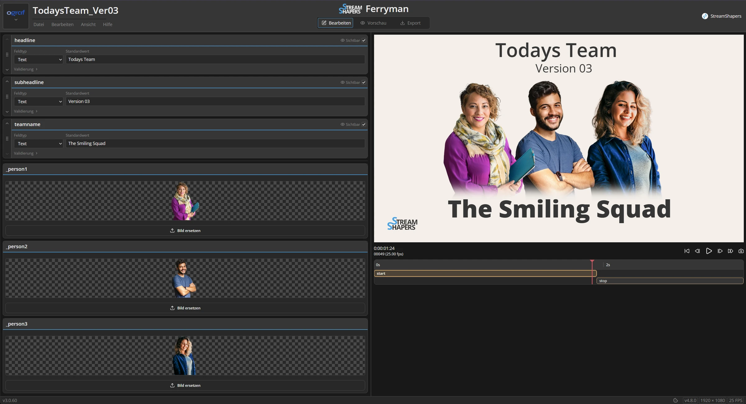 Ferryman browser editor with a team graphic preview and editable text and image fields.