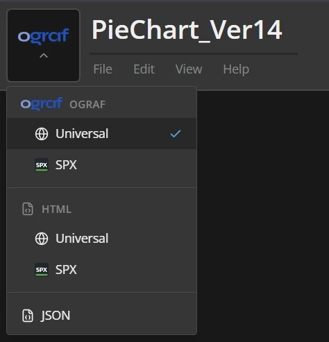 Export menu offering OGraf Universal, OGraf SPX, HTML Universal, HTML SPX and JSON.