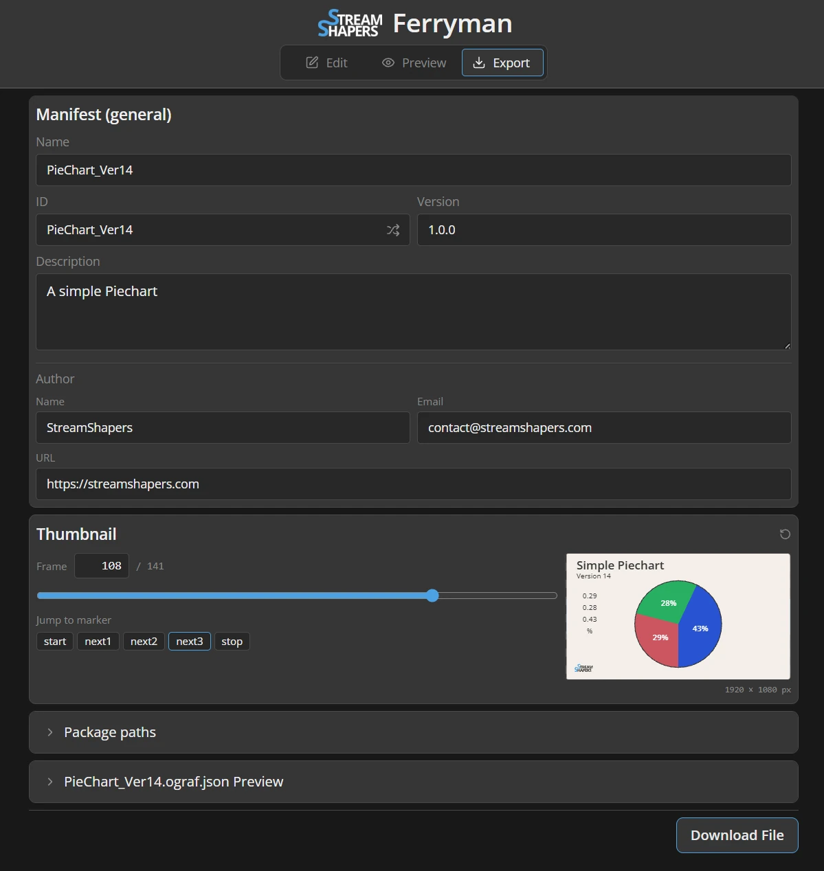 OGraf export settings with template metadata, author details and a thumbnail selector.