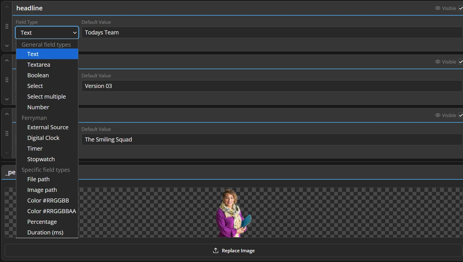 Field type menu with text, number, selection, image, colour and dynamic field options.