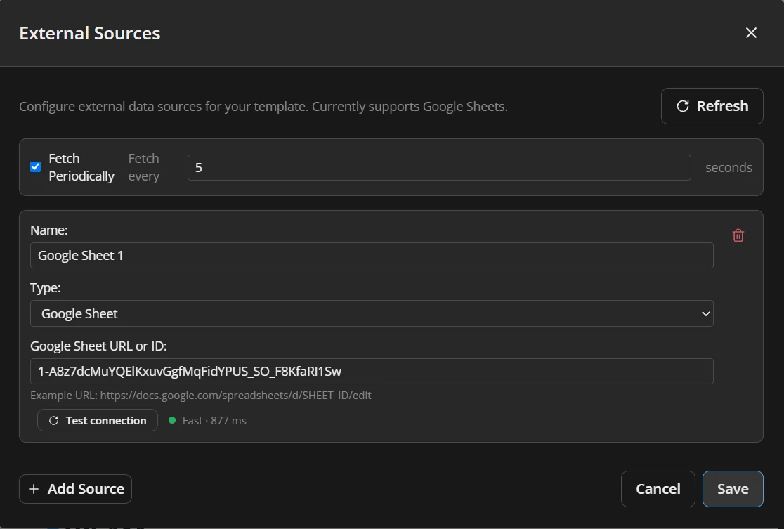 A Google Sheets data source with a successful connection test and periodic refresh.