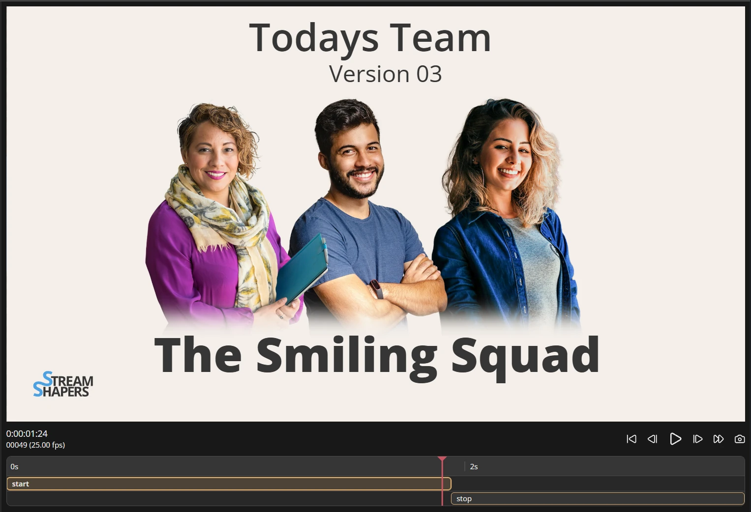 A team graphic in the animation preview with playback controls and a marker timeline.