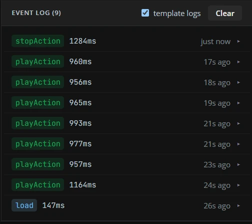 Event log showing graphic load, play and stop actions with their durations.