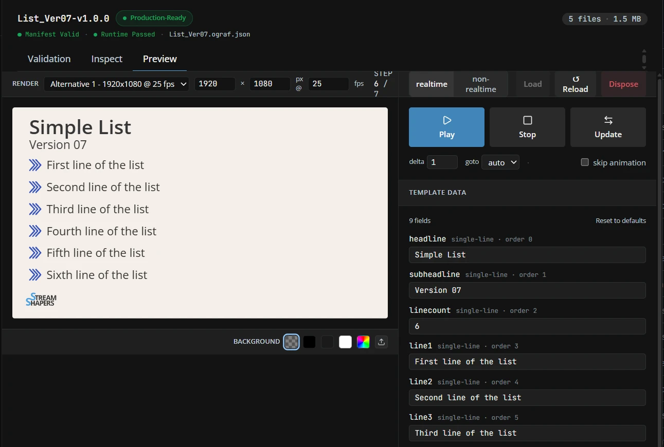 Interactive preview of a list graphic with playback and step controls beside editable template data.