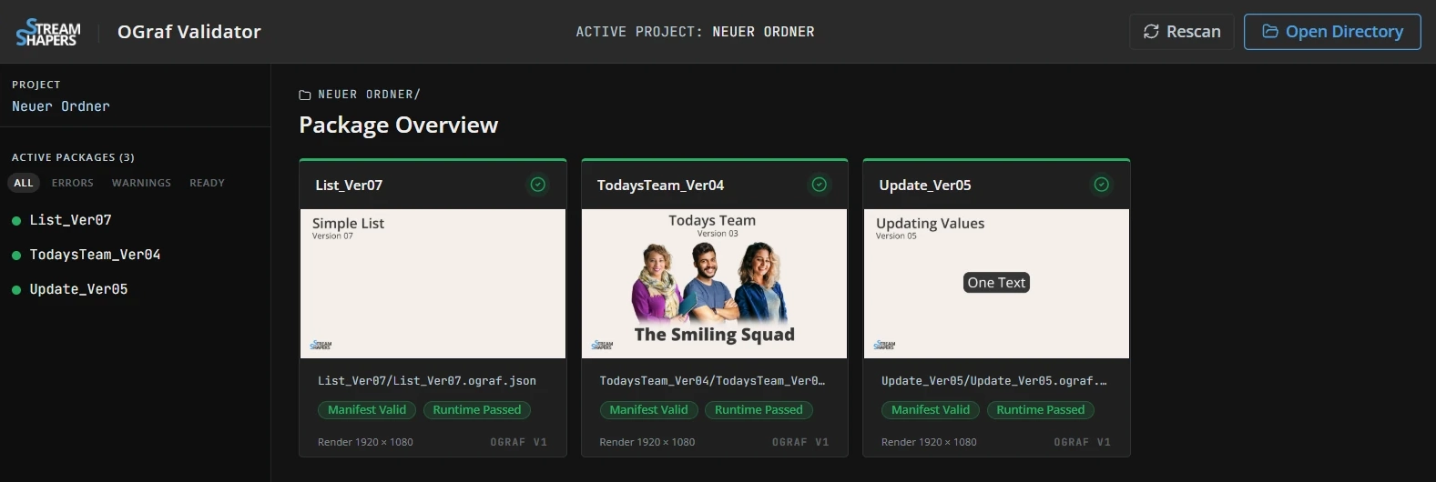 OGraf Validator showing three local graphics packages with thumbnails, valid manifests and passed runtime checks.