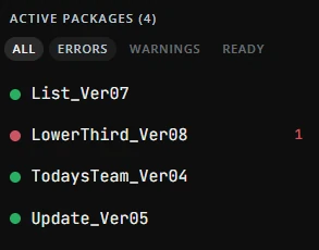 Package sidebar with status filters and an error beside the lower-third graphic.