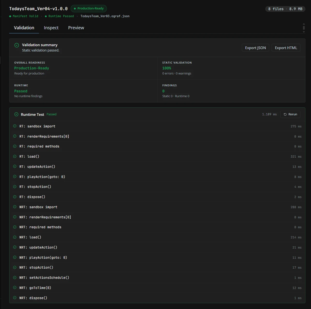 Validation summary and individual realtime and non-realtime API checks, including load, update, play, stop and dispose.